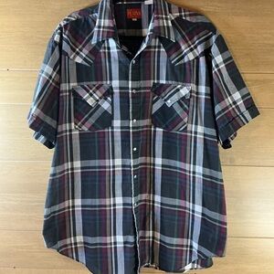 Ely Plains Men’s XL navy Plaid Western Shirt w/ Pearl Colored Snap Buttons
